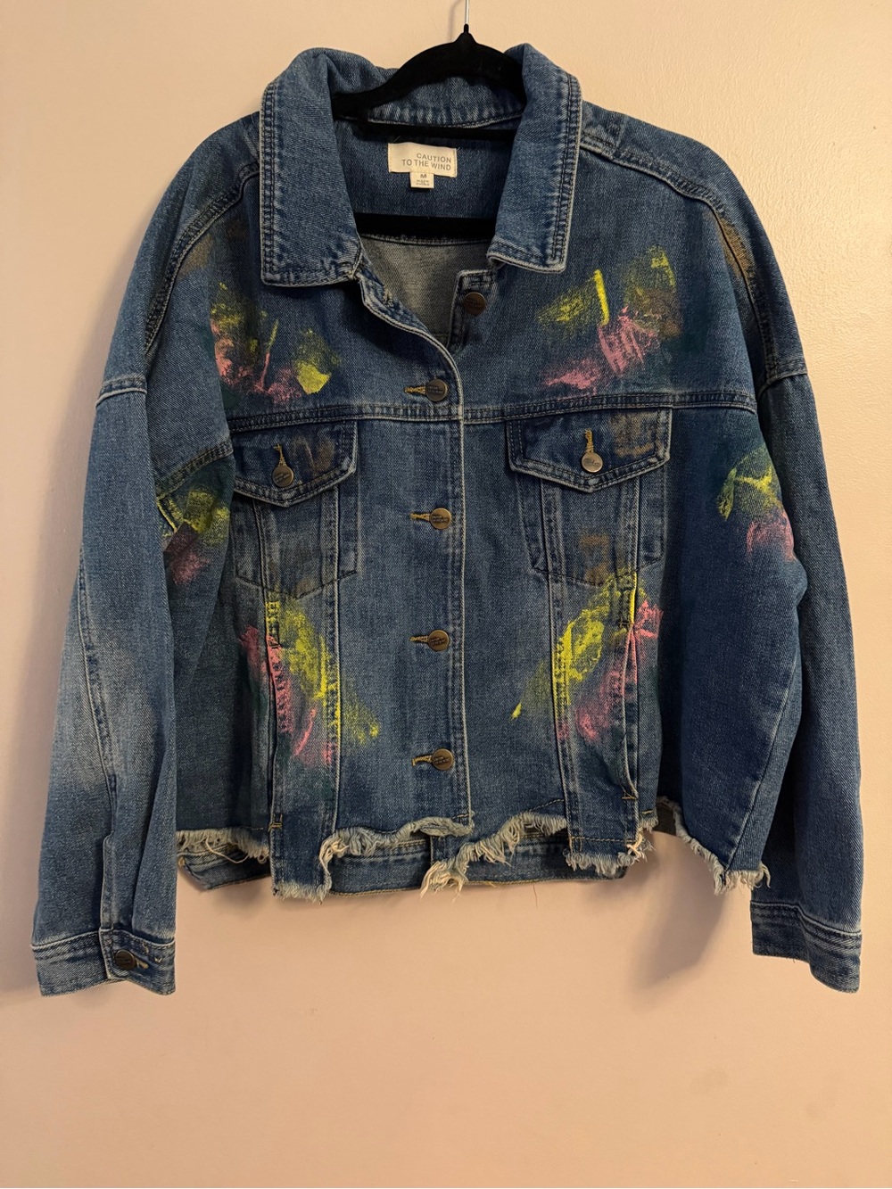 Caution To The Wind Blue Denim Jacket with Pink & Yellow Paint Accents
